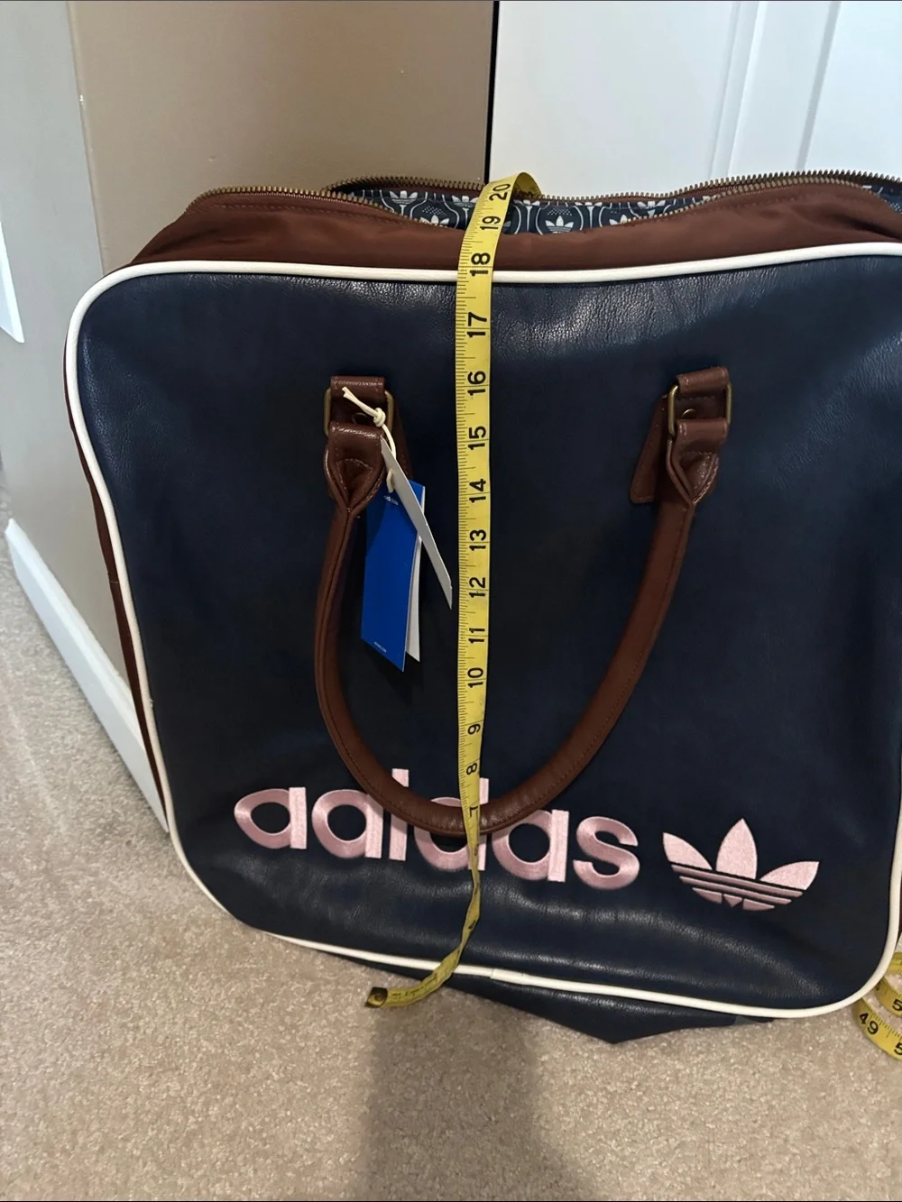 adidas Navy leather Duffel Bag with Brown Accents and Pink Logo